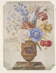 Flores em vaso dourado com o brasão de Holstein-Gottorp.