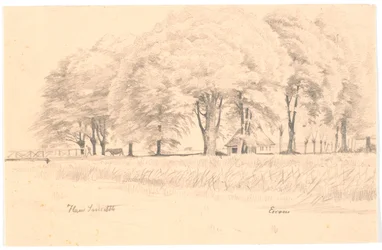 Paisagem de Esrom, em primeiro plano um riacho com uma ponte, ao fundo árvores altas e uma casa