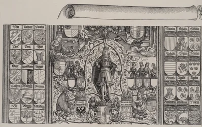 A Porção Superior da Genealogia de Maximiliano, com a Borda Direita do Pergaminho para o..., 1515.