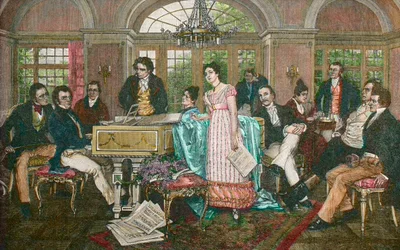 FRANZ SCHUBERT (1797-1828) Compositor austríaco - Noite Schubert na casa de Joseph von Spaun - da esquerda para a direita: Bauernfeld, Schubert, Kupelwieser, Beethoven, irmãs Frohlich, Mayrhofer, Schwind, Spaun, Vogl, Grillparzer - Schubert em Spaun depois