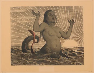 Nereida com os braços erguidos, tendo como pano de fundo o sol nascente