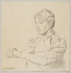 Retrato de uma jovem com as mãos sobre a mesa, representada até à cintura