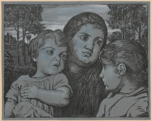 Retrato da mulher do artista, Celli, com duas crianças diante de uma paisagem