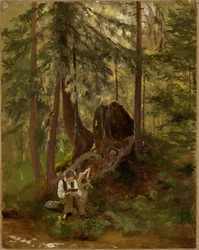 Interior de floresta com rapaz a ler