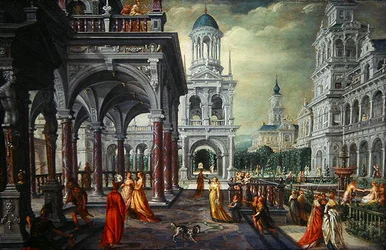 Bathseba e David com um fundo arquitectónico (óleo sobre carvalho)