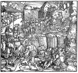 Cerco a uma fortaleza. Ilustração do livro Phisicke Against Fortune de Petrarch, 1532
