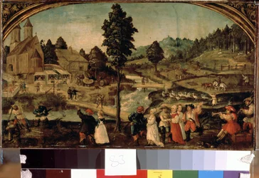 Festa de aldeia (Village fete). Pintura de Hans Von Wertinger (cerca de 1465-1533). Óleo sobre madeira, 22,5 x 40 cm, final do século XV. Arte alemã, renascimento. Museu Hermitage, São Petersburgo.