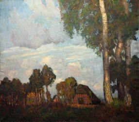 Luz do entardecer com pequenas casas de campo