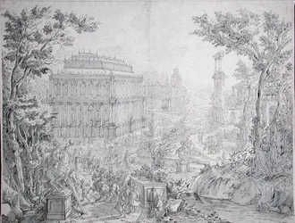 O Mausoléu de Halicarnassus (caneta e tinta e aguarela)