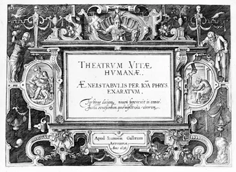 Página de rosto de &39;Theatrum Vitae Humanae&39;, gravado por Johannes Wierix (1549-c.1618) reimpresso em 1638