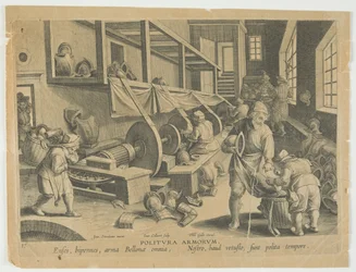 Politura Armorum, Polishing Arms, gravura 17 da série Nova Reperta, Modern Discoveries, c.1588 (gravura)