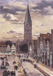 Na areia (olhando para o leste até a torre de St. Johanniskirche)