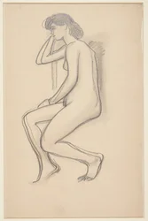 Modelo feminino sentado, visto de lado