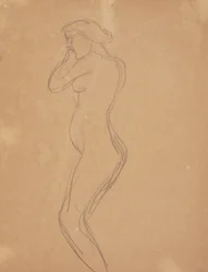 Modelo feminino em pé visto de perfil