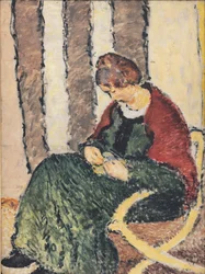 A irmã do artista, Anna Giersing, vestindo um xale vermelho