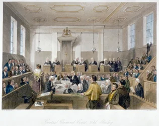 Dentro do Tribunal Criminal Central, Old Bailey, com um tribunal em sessão, City of London, 1840