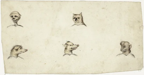 Cabeças de quatro animais e um esqueleto