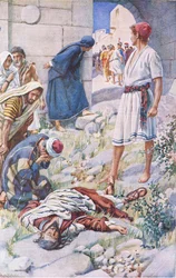 St Paul apedrejado, ilustração deHarold Copping Pictures: The Crown Series, c.1920s