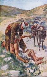 O bom samaritano, ilustração deHarold Copping Pictures: The Crown Series, c.1920s