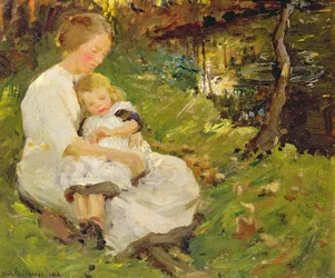 Mãe e filho em uma paisagem arborizada