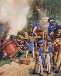 Uma carruagem a vapor que saiu da estrada e capotou (litografia a cores)