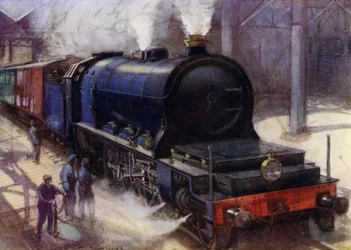 A locomotiva Flamme Pacific, 2-10-0 que transportou o serviço expresso de Bruxelas para Ostende nos caminhos-de-ferro estatais belgas, a locomotiva mais potente da Europa do seu tempo (cor litho)