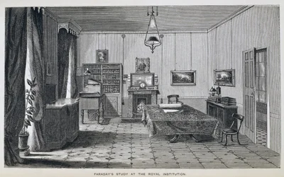 O estudo de Michael Faraday no segundo andar da Royal Institution, de The Life and Letters of Faraday, de Henry Bence Jones, publicado em 1870, 1869 (ver 137594)