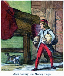 Jack pegando as sacolas de dinheiro do castelo do Gigante, 1867 (chromolitho)