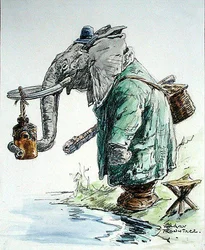 O Elefante vai Pescar (caneta, tinta, aquarela e carvão sobre papel)