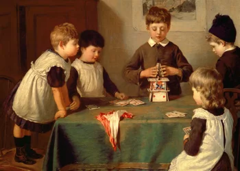 Um Momento Crítico, detalhe de crianças a construir um castelo de cartas