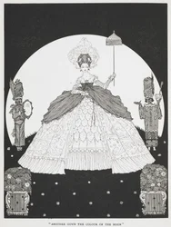"Outro vestido da cor da lua". Ilustração para a história "Pele de burro". Uma bela princesa segurando um guarda-sol, com dois criados de cada lado.