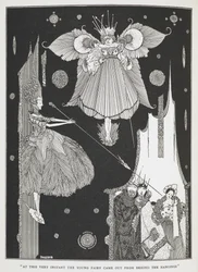 "Nesse preciso momento, a jovem fada saiu detrás das cortinas". Ilustração para a história "A Bela Adormecida no bosque".
