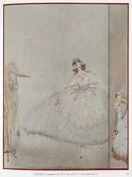 "A curiosidade levou-o a pôr os olhos no buraco da fechadura." Ilustração para a história "Pele de burro". Uma princesa a ser espiada por uma princesa.
