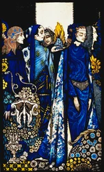 Etain, Helen, Maeve e Fand, Mão De Ouro de Deirdre. "Queens", nove painéis de vidro acidificados, manchados e pintados, ilustrando o poema de JM Synge, 1917
