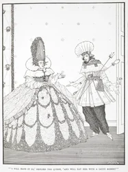 "Assim o farei", respondeu a Rainha, "e comê-la-ei com um Sauce Robert".
Ilustração para a história "A bela adormecida no bosque".