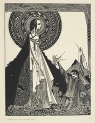 «Chamaria o nome dela em voz alta.» Ilustração de Ligeia, um conto. «Ligeia» é um conto de Edgar Allan Poe. A história acompanha um narrador sem nome e a sua mulher Ligeia, uma mulher bela e inteligente de cabelo cor de corvo. Ela adoece, compõe «O Verme