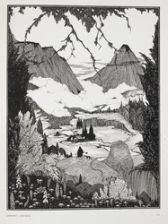 Ilustração para a história "A casa de campo de Landor". Uma paisagem montanhosa.