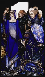 Rainhas que desperdiçaram o Oriente por procuração .... "." Rainhas ", nove painéis de vidro acidificados, manchados e pintados, ilustrando o poema de JM Synge, 1917