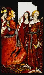 Rainhas cujo dedo uma vez mexeu com os homens "." Rainhas ", nove painéis de vidro acidificados, manchados e pintados, ilustrando o poema de JM Synge, 1917