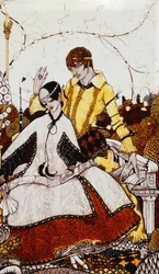 Deixamos passar sete dias de cão, nomeando Queens em Glenmacnass &39;. &39;Queens&39;, nove painéis de vidro acidificados, manchados e pintados, ilustrando o poema de JM Synge