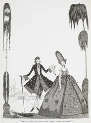 "O quê, a chave do meu armário não está entre as outras?" Ilustração da história "Barba Azul".