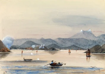 O HMS Tribune encontra o seu caminho no rio Chuenpee, em Cantão (China), com barcos a remos e juncos chineses