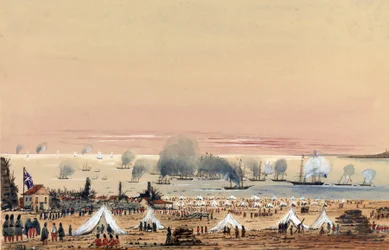 O desembarque em Kinburn (Ucrânia, Rússia) em outubro de 1855, um acampamento do exército britânico na costa, com a frota ancorada ao largo, incluindo o HMS Tribune