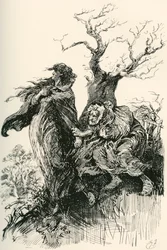 Alice Brown e a sua mãe. "Depois de um quarto de hora de caminhada, a velha mulher, passada e sem fôlego, aventurou-se a segurar pelas suas saias; mas ela não se aventurou mais, e elas viajaram em silêncio através da chuva e da escuridão". Ilustração de Ha