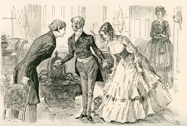David Meets Dora e Miss Murdstone. "Sr. Copperfield, a minha filha Dora, e a amiga confidencial da minha filha Dora, Miss Murdstone". Ilustração de Harry Furniss para o romance de Charles Dickens David Copperfield, de The Testimonial Edition, publicado 19