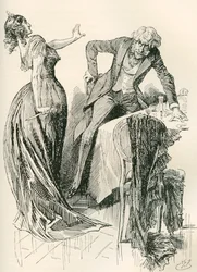 Edith e o Sr. Carker. «Ele vinha alegremente na sua direcção quando, num instante, ela apanhou a faca da mesa e recuou um passo. “Fique onde está”, disse ela, “ou mato-o!”» Ilustração de Harry Furniss para o romance de Charles Dickens