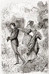 Estella e Pip no jardim da Srta. Havisham. "