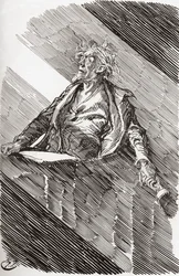 Magwitch sob pena de morte. "Um amplo raio de luz entrou pelas grandes janelas do tribunal. Erguendo-se por um momento, uma mancha de rosto distinta neste raio de luz, o prisioneiro disse: "Meu Senhor, recebi a minha sentença de Morte do Todo-Poderoso