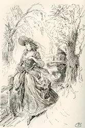 Miss Haredale. Ilustração de Harry Furniss para o romance de Charles Dickens Barnaby Rudge, de The Testimonial Edition, publicado em 1910.