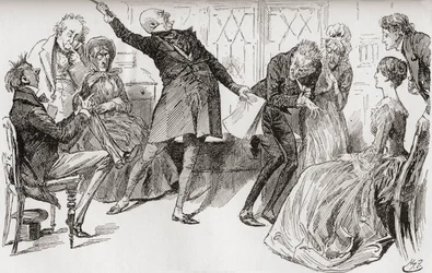 O Sr. Micawber Atinge a Queda das Ovelhas. "O florescimento triunfante com que o Sr. Micawber lhe entregou as palavras, teve um efeito poderoso em alarmar a mãe, que gritou com muita agitação: "Ury! Ury! Sê 
